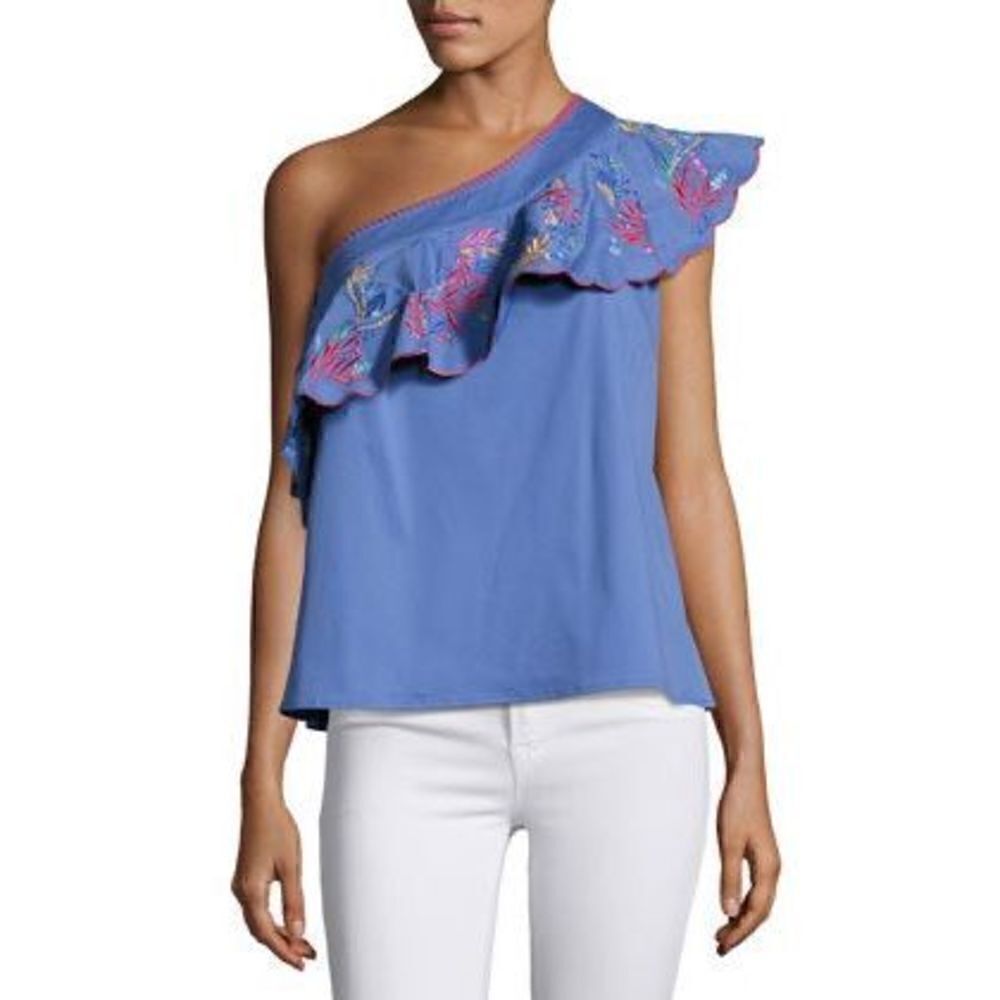 Saloni Esme One Shoulder Top Embroidered Size 4 Blue Floral